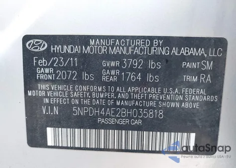 2011 Hyundai Elantra Gls from USA, damaged, VIN 5NPDH4AE2BH035818